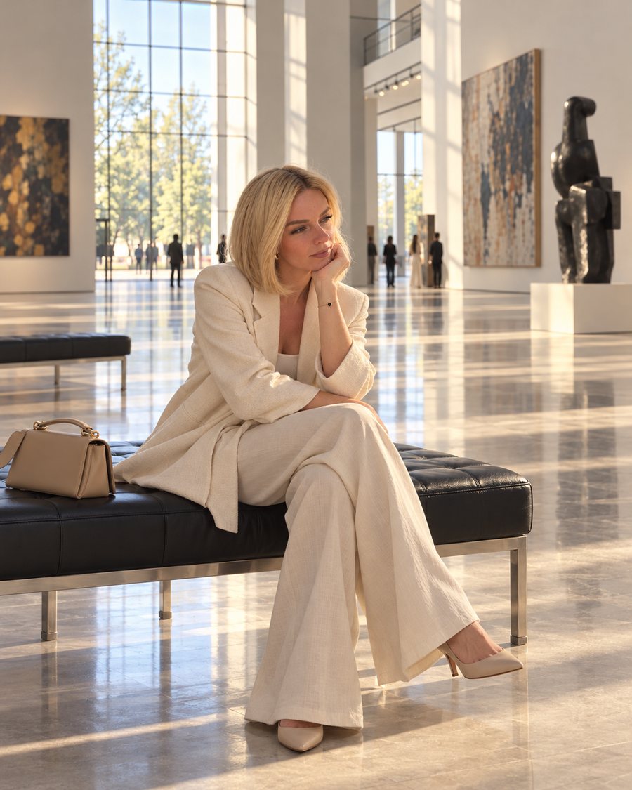 Daria Pfeiffer auf einer Bank in einer hellen Galerie
