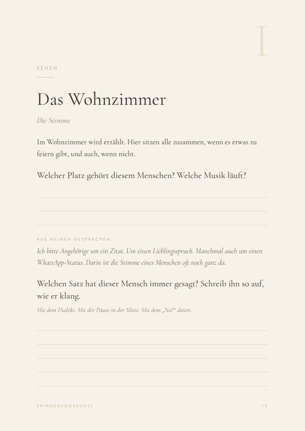 Journalseite Das Wohnzimmer mit der Frage nach dem Satz, den dieser Mensch immer gesagt hat
