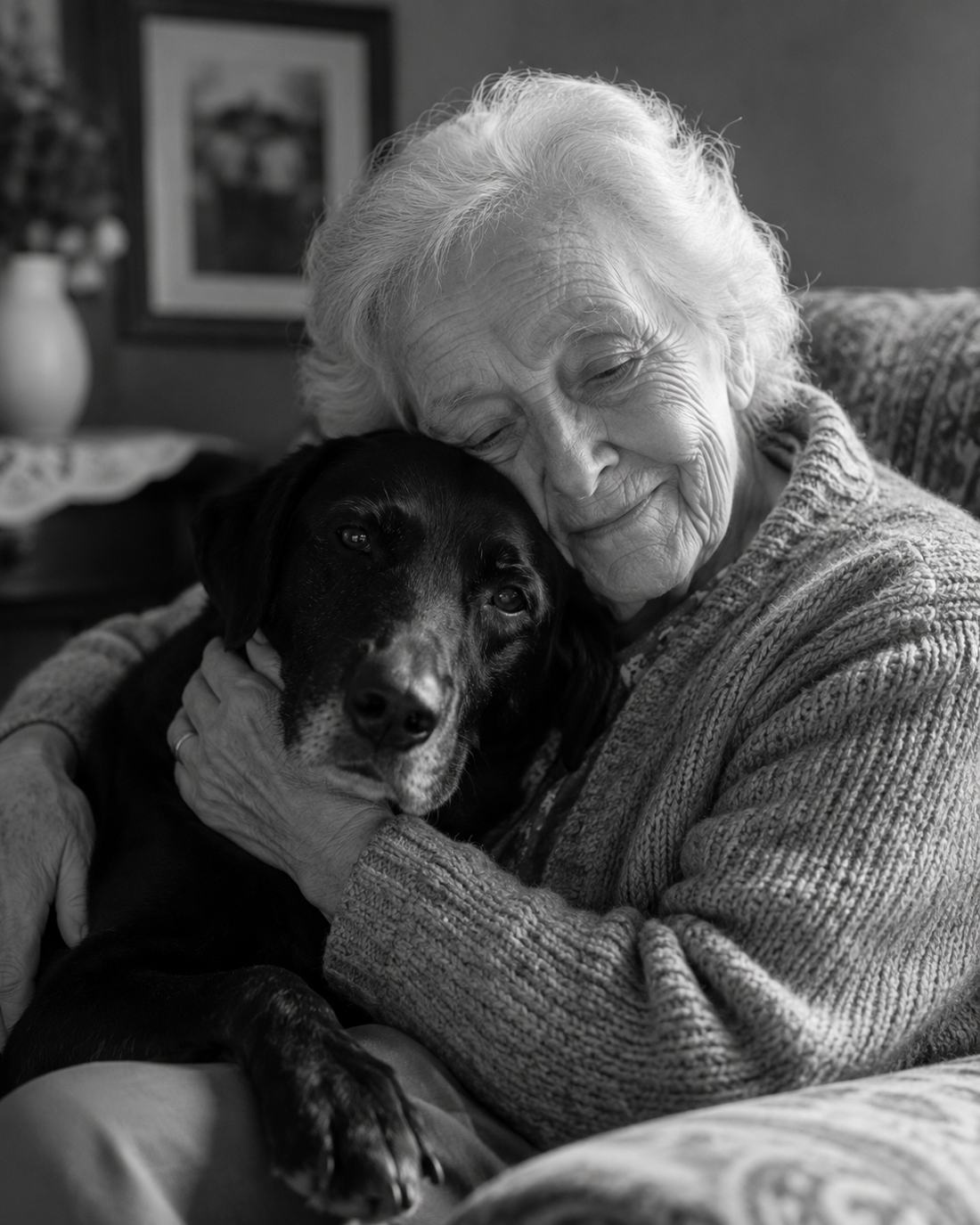 Ältere Frau hält ihren Hund im Arm